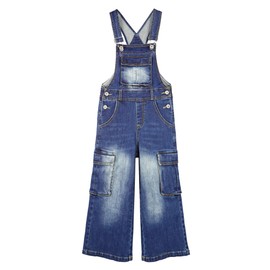 KIDSCOOL SPACE Girls Denim Overalls,Wide Leg Accordion Deep Heel Pockets Cargo Jeans Dungarees,DeepBlue,20