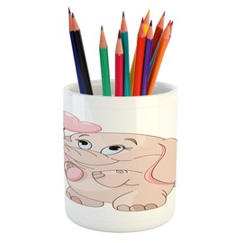 Lunarable Cartoon Pencil Pen Holder, Little Holds Heart Shaped Lollipop Romantic Valentine's Day Theme, Ceramic Pencil Holder for Desk Office Accessory, 3.6" X 3.2", Pale Pink
