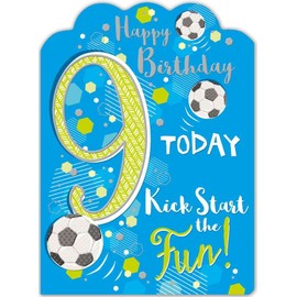 Noel Tatt Boys 9th Birthday Card - Age 9 - Football 'Kick Start the Fun' with Silver Foil and Die-Cut Scallop Edge - Eco-Friendly & Recyclable