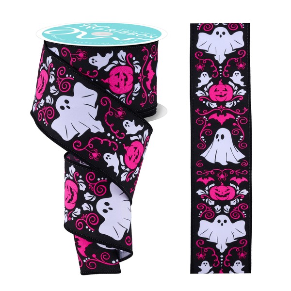 RG Ribbon Halloween Damask Print with Ghosts, Bats, and Pumpkins,