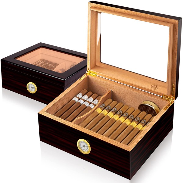 Slege Cigar Humidor, Humidor Cigar Box for Cuban Cigars,Glass-Top Humidor Spanish Cedar-Cigar Case,Humidore Humidifier,Divider,Hygrometer,Men's Gift,Cigar Accessories(30-50 Cigars)