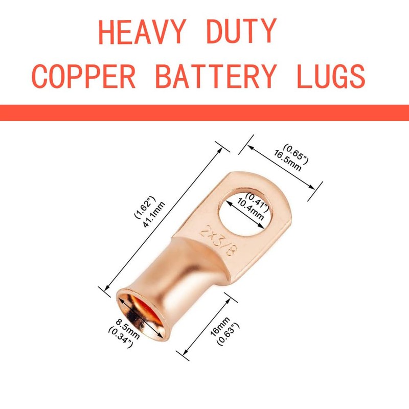 25pcs 2 AWG 3/8" Stud Copper Ring Terminals Battery Cable