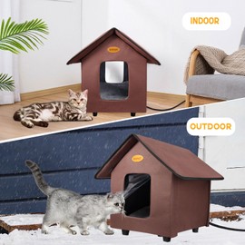 Heated Cat Houses for Outdoor Cats - Elevated Weatherproof Insulated Heated Outdoor Cat House for Winter - Feral Cat Shelter for Outside Cats - Outdoor Heated Cat House (Brown)