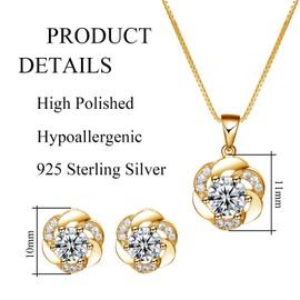 Josfeva Jewellery Set Silver 925, Silver Jewellery Set for Women, Flower Necklace & Stud Earrings Set with White Zirconia, Silver Necklace with Flower Pendant & Stud Earrings with Gift Box for