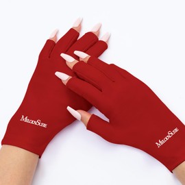 MelodySusie Premium UV Gloves for Manicures, Cool Feeling Fabric,Professional UPF50+, UV Nail Gloves for Gel Nail Lamp, Anti UV Light, Skin Care Fingerless Design, Red