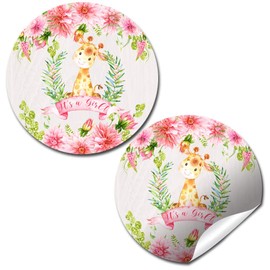 Watercolor Dahlia Floral Giraffe-Themed Baby Sprinkle Baby Shower for Girls Thank You Sticker Labels, 40 2" Party Circle Stickers by AmandaCreation, Great for Party Favors, Envelope Seals & Goodie Bag