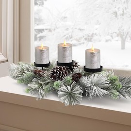BAYN Christmas Centerpiece Table Decorations, Handcrafted Snowy Pine Cones and Pine Needles with 3 Candle Holders for Dining Table Fireplace Mantel - 27.5 in