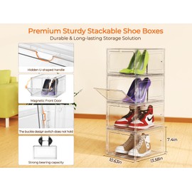 4Pack Thick & Hard Sturdy Shoe Storage Boxes – Large Display Case,Clear Stackable, Easy Access, Durable Plastic Organizer for Closet and Entryway,Fit US Men's/Women's Size 12