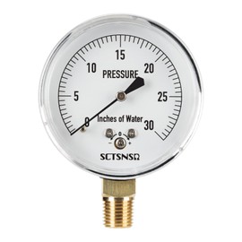 SCTSNSR 0 to 30 Inches of Water Column Pressure Gauge, Capsule Measurement System, 2.5 inch Dial, 1/4" NPT Lower Mount, Chrome Plated Case, for Gas Line, Regulator, Air, Low Pressure Test
