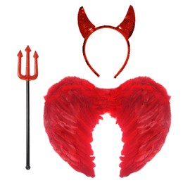 Lizzy 3pc Devil Costume Women Girls | Red Angel Wings Red Devil Horns and Fork Trident Devil Set Fancy dress Costume accessory Devil Pitchfork and Devil Headband