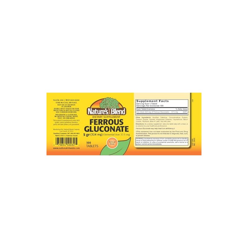 Nature's Blend Ferrous Gluconate Tablets, 100 Count
