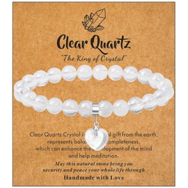 MAIBAOTA Clear Quartz Bracelet for Women, 8 mm White Beaded Bracelet, Crystal Gemstone Love Heart Bracelet Jewelry, Crystal Gifts for Mom Mothers Day Birthday Valentine's Day Anniversary