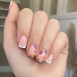 24 Pcs French Tip Press on Nails Short Square Cute Small Flower Fake Nails Colorful Floral False Nails Full Cover Stick on Nails Spring Flowers Artificial Nails for Women Girl Nail Design Decoration