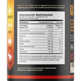 Cafeína Anhidra 240 Cápsulas de 700 mg. Adicionada con Matcha, Melena de León, Taurina y Vitamina B1. Ingredientes Naturales. Caffeine Blend B Life
