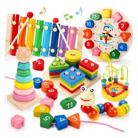 6 Pcs Baby Wooden Toys, Montessori Toys for 1 2 3 Year Old Girls Boys, Baby Toy Learning Musical Sets Educational Toys for Shape Sorting Stacking & Nesting Block & Xylophone