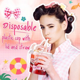 Funnymoom 30 Set Pink Bow Clear Plastic Cups with Lids & Straws 24oz Disposable Rum Drink Buckets Bulk for Cocktail Parties with Handles & Stickers for Holiday Birthday Beach Pool Party Supplies