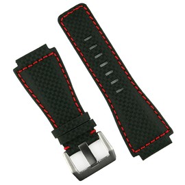 B & R Bands Black Carbon Fiber Style Red Stitch Bell & Ross BR01 BR03 Watch Band Strap - Medium Length