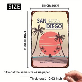 Summer Tin Sign San Diego California Summer Decor Retro Travel Cool Wall Art Tin Painting for Cafe Bar Gym Room Bathroom Kitchen Home Art Wall Decoration Plaque Gift 8x12 Inch