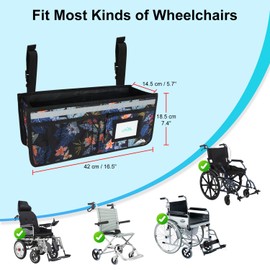 supregear Wheelchair Basket for Back, Large Capacity Wheelchair Backpack Organizer Bag with Multiple Pockets and Cup Holder, Waterproof Storage Pouch for Seniors, Floral Black