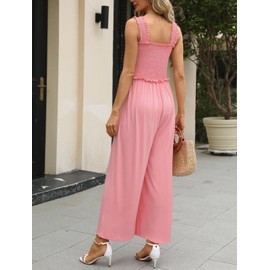 Tanou Women's 2024 Pleated Empire Waist Jumpsuits Smocked One Piece Wide Leg Overall Maternity Rompers Pockets Pink M