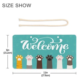 Vdsrup Cute Cat Paws Door Sign Plaque Kitty Kitten Footprint Welcome Wall Hanging Signs Front Door Decor Home Decorative Door Hanger for Bedroom Porch Yard 6" X 11"