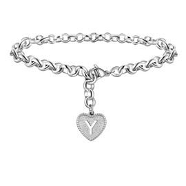 Y Silver Initial Charm Bracelet Stainless Steel Heart Letter Alphabet Bracelet for Women Men