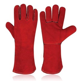 Guantes para Soldar, 932℉, Guantes de Trabajo con Refuerzo, Cuero Forrado Resistente Al Calor con Al Desgaste con Costuras Ignífugas, Guantes para Horno, Parrilla, Chimenea, Horno, Estufa (Rojo)