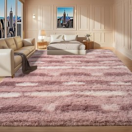 Woottpe 6x9 Feet Area Rugs for Living Room Bedroom,Pink and White Machine Washable Soft Fluffy Shaggy Indoor Rug, Floor Carpet for Girls Boys Kids, Dorms, Nursery Rooms, Home Decor Aesthetic