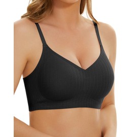 WOWENY Wireless Push Up Bras for Women Comfortable Ribbed Seamless Bralettes V-Neck Adjustable Padded Everyday Bra(Black, Medium)