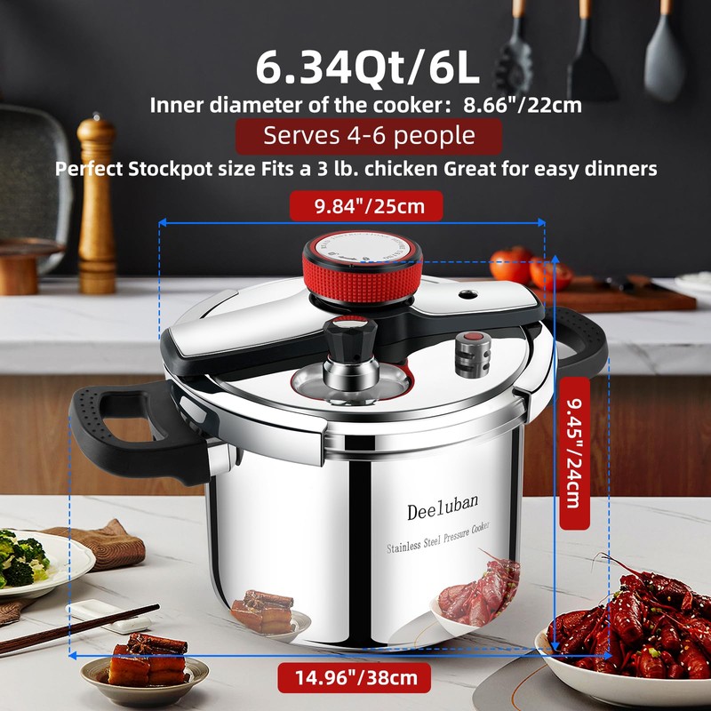 6.3 QT Pressure Cooker, 304 Stainless Steel - Explosion-Proof Lock,