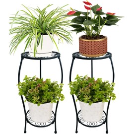 2 Pack 25.2 inch Metal Plant Stand Rack for Round Flower Pot, 2 Tier Potted Holder Indoor Outdoor Rustproof Wrought Iron Heavy Duty Planter Shelf for Corner Living Room Balcony Garden Patio, Black