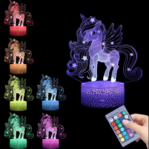Probuk 3D Unicorn Night Light, 3D LED Lamp Unicorn Children, 16 Colour Changing with Remote Control and Touch, Unicorn Night Light LED for Children Girls, Birthday Gift, Christmas, Living Room,