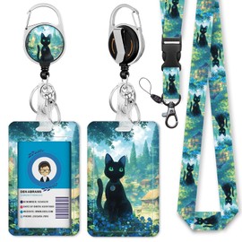 Giancomics Lanyards for Id Badges, Black Cat ID Badge Holder with Lanyard Badge Reel Retractable, Anime Lanyard with ID Holder Keychain Clip Name Tag Cute ID Card Holder for Teacher Women Work Office