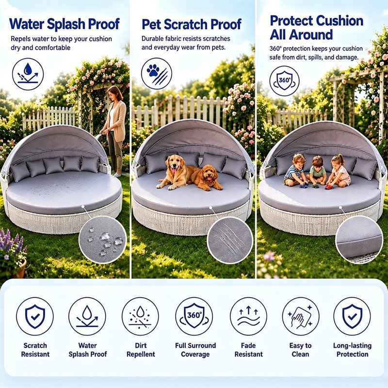 Outdoor Daybed Cushion Cover 66’’ with 3 Pillow Cases (Gray)