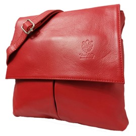 LeahWard Womens Double Pocket Messenger Bag Genuine Italian Soft Leather Cross Body Shoulder Bag Handbag (Red)