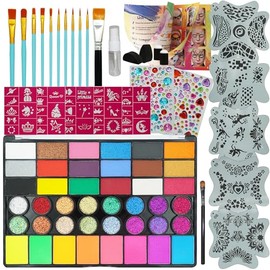 42Color Face Painting Kit for Kids - Non Toxic Water Activated Face Paint Set with Stencils, Brushes, Gems & Book. For Halloween, Carnival, Party; Costume Makeup (42 Color Face Painting Set)