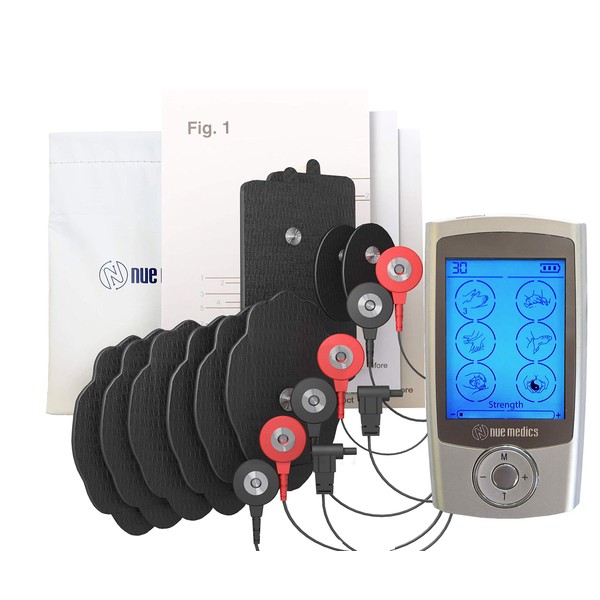 NueMedics TENS EMS Unit Pro Rechargeable Battery Muscle Stimulator 24 Modes Portable Mini Massager TENS Unit with 10 Reusable Pads