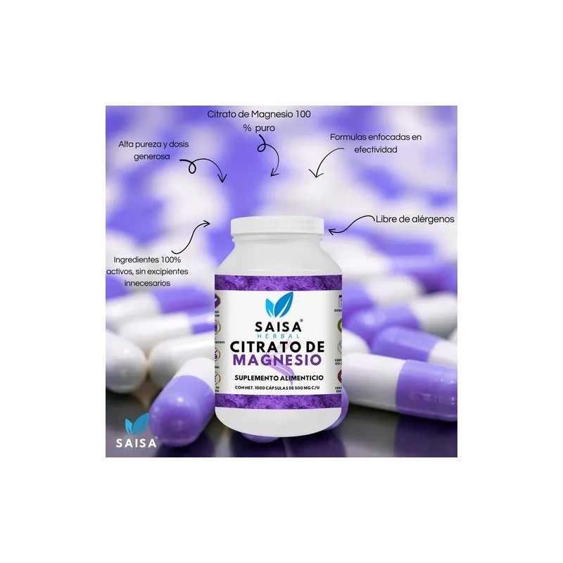 Citrato Magnesio 500 1000 Cápsulas Saisa Herbal Suplemento Alimenticio Anticalambres
