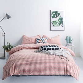 SUSYBAO 3 Pieces Duvet Cover Set 100% Washed Cotton Queen Size Coral Gingham Checked Bedding Set 1 Checkered Plaid Duvet Cover with Zipper Ties 2 Pillowcases Luxury Quality Soft Comfortable Breathable