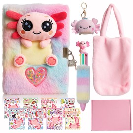 Axolotl Diary Kit with lock,Axolotl Gifts,Set for Girls,Secret Diary Journal Notebook,Plush Carrier Bag,Multicolored Pen,Cute Keychains,Stickers,Idea Birthday Gift For Girls 5 6 7 8 9 10-12 Years Old