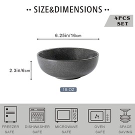 UNICASA Ceramic Cereal Bowls Set, 18 OZ Salads Bowls Set of 4, Dessert Serving Bowl for Soup, Reactive Glaze Ramen Bowls, Microwave Oven and Dishwasher Safe, Grey