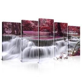 SATINO 5 Pieces Modern Large Canvas Peaceful Waterfall Wall Art Pink Trees Scenery Forest Black and White Landscape Pictures Paintings on Canvas for Living Room Bathroom Bedroom Home Office Decor