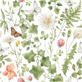 Blooming Wall DPYC46 Removable Watercolor Pastel Color Green Ivy Leaves with Butterfly and Flowers Around Peel and Stick Wallpaper Self-Adhesive Prepasted Wallpaper Wall Décor