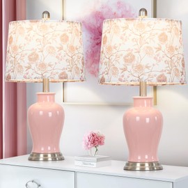 Ruzectt Pink Ceramic Table Lamp with Flower Lampshade, 23" Cute Bedroom Lamp with Ginger Jar Design, Modern Living Room Lamps Set 2, Elegant Bedside Lamps for Nightstand End Table Home Decor