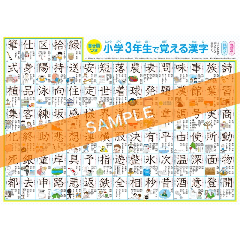 Dokoku Gakushukan Kanji Table Learning in Third Grader Bath Poster