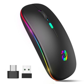 aMZCaSE LED Wireless Mouse, Rechargeable Slim Silent Mice 2.4G Portable Office Optical Mouse with USB Receiver and Type-C Adapter, 3 Adjustable DPI for Laptop, Computer, PC, Notebook, Desktop (Black)