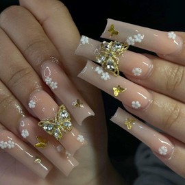 French Tip Press On Nails Fake Nails Long Coffin Square with Nude 3D Butterfly Flower Designs Glossy Acrylic False Nails Long Coffin Square Glue on Nails Full Cover Thick Stick on Nails for Women Girls 24Pcs XC-81-27