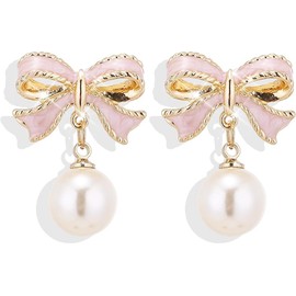 Pearl Bow Earrings for Women 14k Gold/Silver Plated Pearl Bowknot Drop Dangle Earrings Dainty Pearl Stud Statement trendy Earring for Women Jewelry Gifts (Pearl Pink)