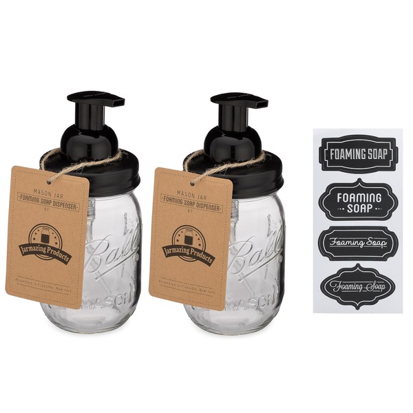 Jarmazing Products Mason Jar Foaming Soap Dispenser - Black - With 16 Ounce Ball Mason Jar - Two Pack!