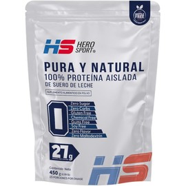 HS HERO SPORT Protein Pure and Natural Whey Protein Isolate 450g. 100 Proteína Aislada, 27g de Proteína, 0 Azúcar, 0 carbs, 0 Flavor, Gluten Fre,